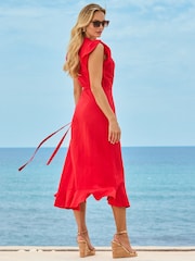 Sosandar Orange Linen Blend Ruffle Hem Wrap Dress - Image 3 of 5
