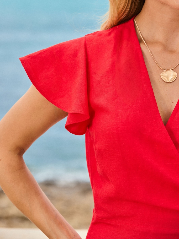 Sosandar Orange Linen Blend Ruffle Hem Wrap Dress - Image 5 of 5 Sosandar Orange Linen Blend Ruffle Hem Wrap Dress - Image 5 of 5