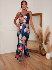 Chi Chi London Blue Sleeveless Floral Print Midi Dress - Image 1 of 5