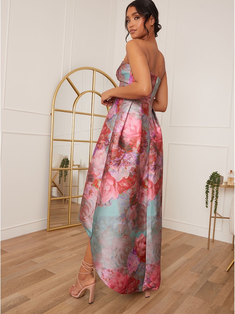 Chi Chi London Pink Strapless Printed Dip Hem Dress - Image 2 of 5