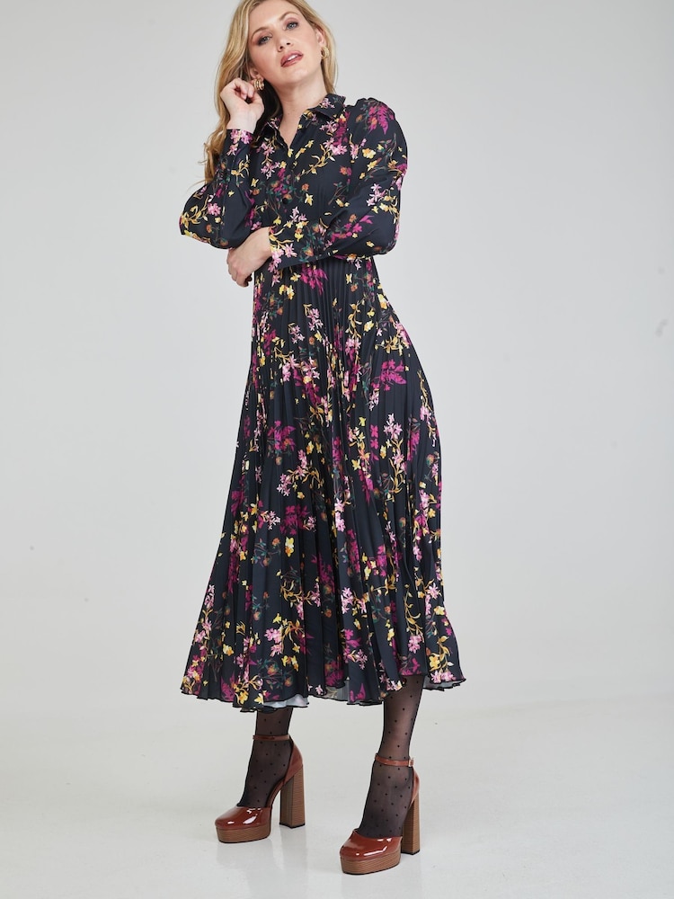 Closet Black Multi London Pleated Shirt Dress - Image 2 of 5 Closet Black Multi London Pleated Shirt Dress - Image 2 of 5