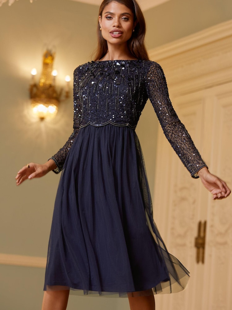 Lipsy Navy Petite Natalie Embellished Sleeved Bridesmaid Midi Dress - Image 1 of 4