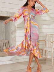Chi Chi London Purple Tie Front Printed Dip Hem Dress - Image 1 of 5