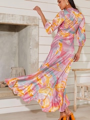 Chi Chi London Purple Tie Front Printed Dip Hem Dress - Image 2 of 5