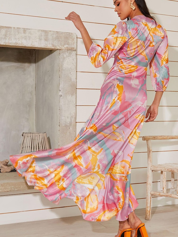 Chi Chi London Purple Tie Front Printed Dip Hem Dress - Image 2 of 5