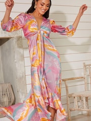 Chi Chi London Purple Tie Front Printed Dip Hem Dress - Image 3 of 5