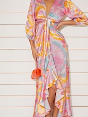 Chi Chi London Purple Tie Front Printed Dip Hem Dress - Image 5 of 5