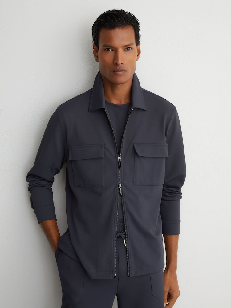 Reiss Airforce Blue Glover R-Flex Stretch-Twill Zip-Through Overshirt - Image 1 of 8