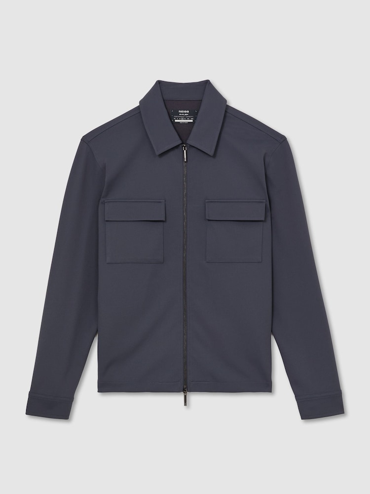 Reiss Airforce Blue Glover R-Flex Stretch-Twill Zip-Through Overshirt - Image 2 of 8