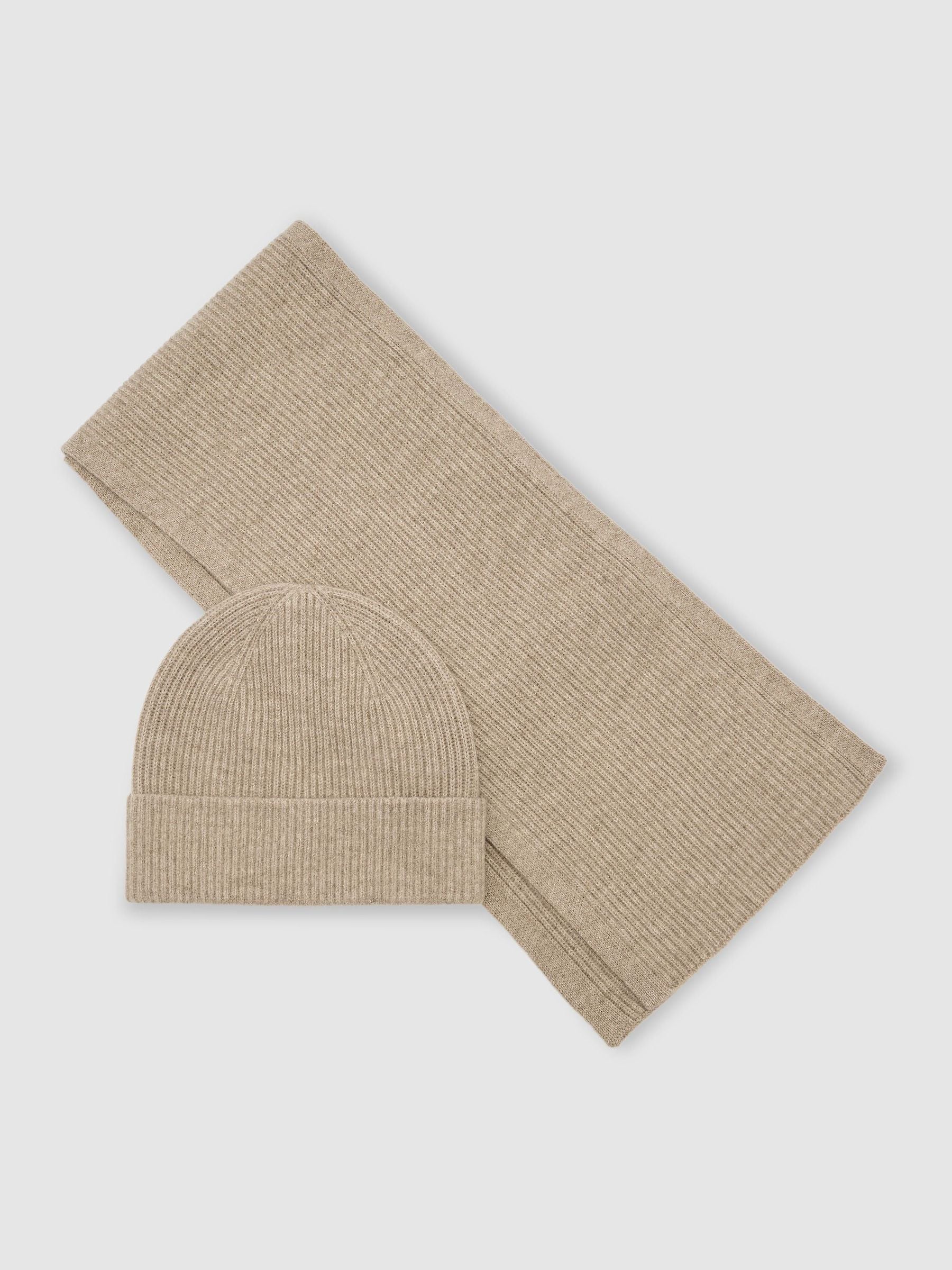 Reiss Oatmeal Merino Wool Rib-knit Scarf And Beanie Set In Brown