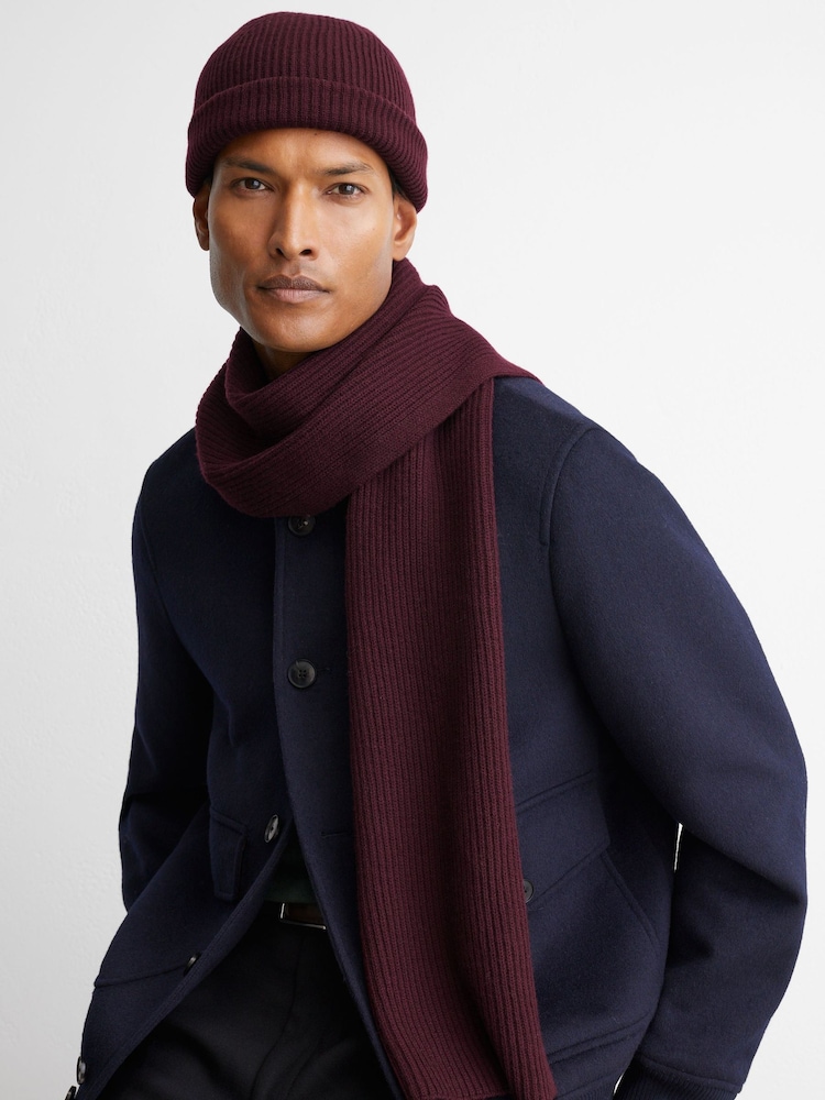 Buy Reiss Bordeaux Chaise Merino Wool Rib-Knit Scarf and Beanie Set