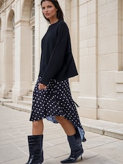 Religion Black Asymmetric High Low Ash In Polka Dot Print Midi Skirt - Image 1 of 8