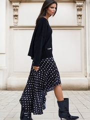 Religion Black Asymmetric High Low Ash In Polka Dot Print Midi Skirt - Image 4 of 8