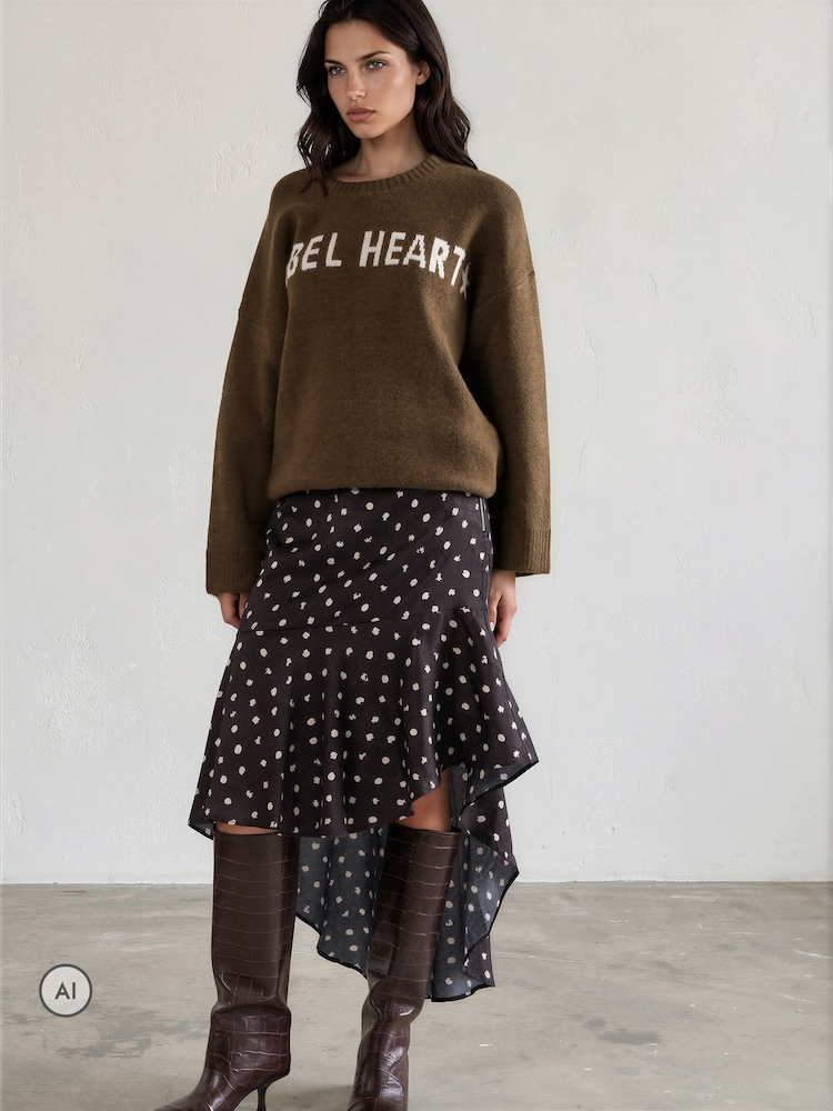 Melns punktiņojums - Religion Asymmetric high low Ash Skirt tumšā ziedu raksta krāsā - Attēls 4 no 4