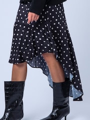 Religion Black Asymmetric High Low Ash In Polka Dot Print Midi Skirt - Image 5 of 8