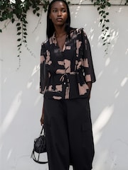 Religion Black Façade Print Evie Ruffle Blouse With Tie Waist - Image 8 of 8