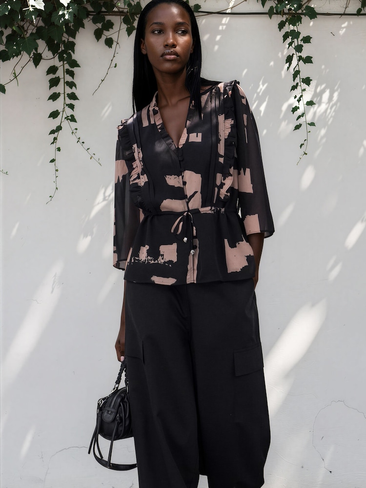 Religion Black Façade Print Evie Ruffle Blouse With Tie Waist - Image 8 of 8