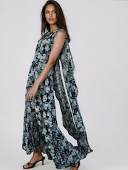 Religion Green Shea Maxi Occason Dress With Cape Styling In Abstract Facade Print - Image 1 of 9