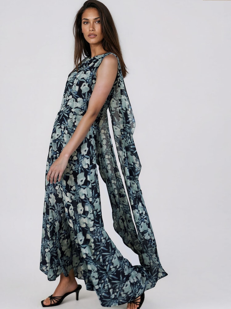 Religion Green Shea Maxi Occason Dress With Cape Styling In Abstract Facade Print - Image 1 of 9