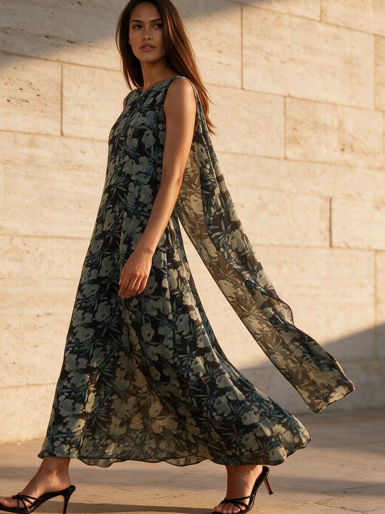 Religion Green Shea Maxi Occason Dress With Cape Styling In Abstract Facade Print - Image 2 of 9