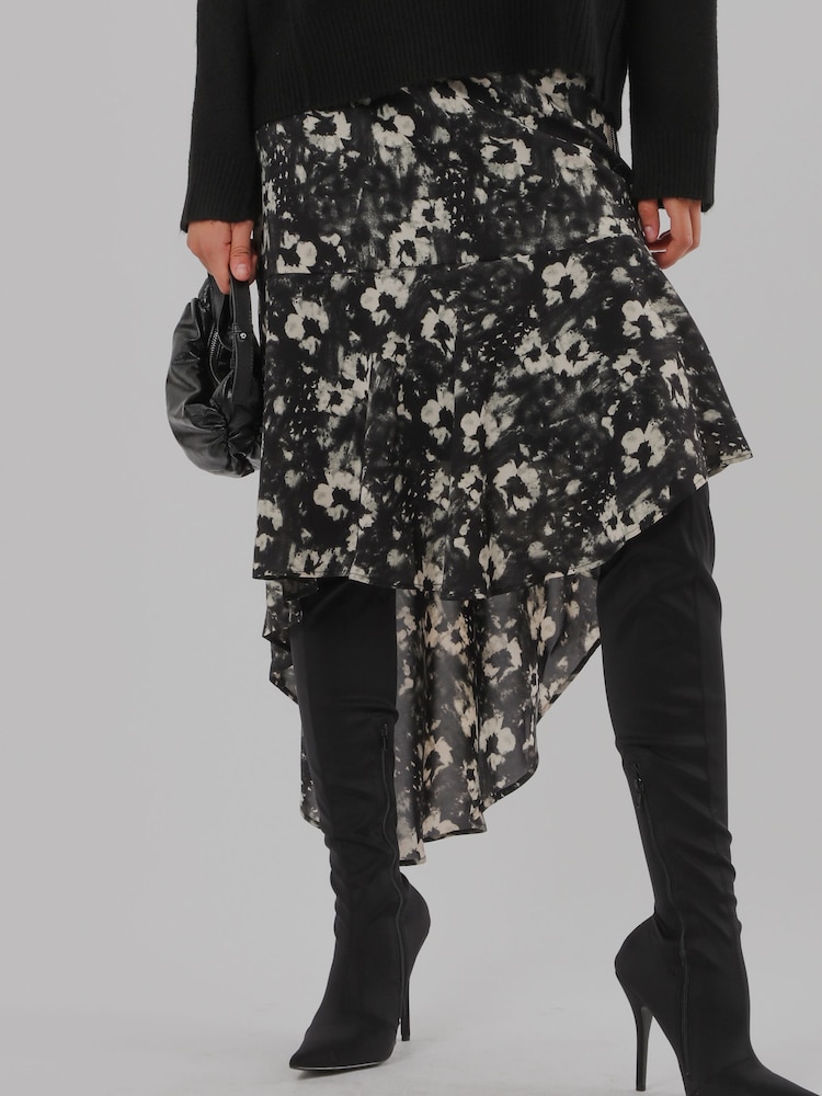 Melns ziedu raksts - Religion Asymmetric high low Ash Skirt tumšā ziedu raksta krāsā - Attēls 6 no 6