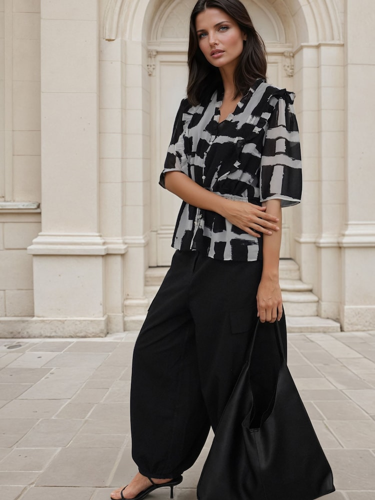 Religion Black Monochrome Stripe Print Evie Ruffle Blouse With Tie Waist - Image 2 of 8 Religion Black Monochrome Stripe Print Evie Ruffle Blouse With Tie Waist - Image 2 of 8