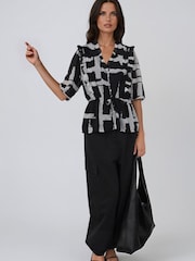 Religion Black Monochrome Stripe Print Evie Ruffle Blouse With Tie Waist - Image 4 of 8