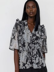 Religion Grey Solvent Print Evie Ruffle Blouse With Tie Waist - Image 1 of 8