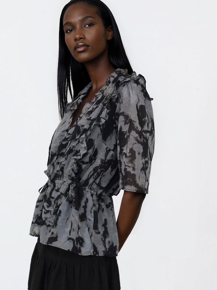 Religion Grey Solvent Print Evie Ruffle Blouse With Tie Waist - Image 2 of 8 Religion Grey Solvent Print Evie Ruffle Blouse With Tie Waist - Image 2 of 8