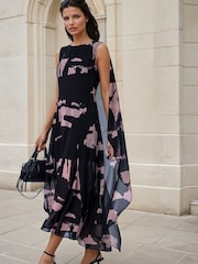 Religion Black Shea Maxi Occason Dress With Cape Styling In Abstract Facade Print - Image 1 of 8