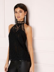Lipsy Black Lace Halterneck Top - Image 1 of 4
