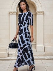Religion Black Sienna Tea Dress In Abstract Monochrome Selvage With Full Skirt - Image 4 of 8
