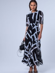 Religion Black Sienna Tea Dress In Abstract Monochrome Selvage With Full Skirt - Image 7 of 8