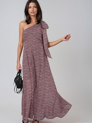Religion Purple Marina One Shoulder Dress with Large Bow Polka Dot Blend Print - Image 1 of 8