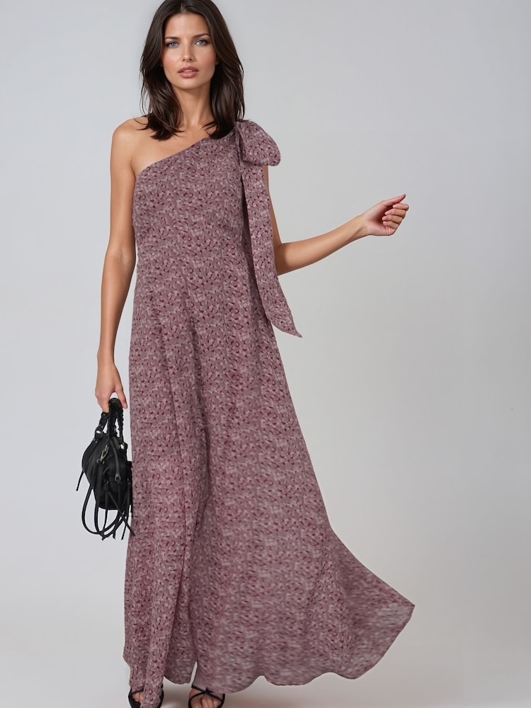 Religion Purple Marina One Shoulder Dress with Large Bow Polka Dot Blend Print - Image 1 of 8 Religion Purple Marina One Shoulder Dress with Large Bow Polka Dot Blend Print - Image 1 of 8
