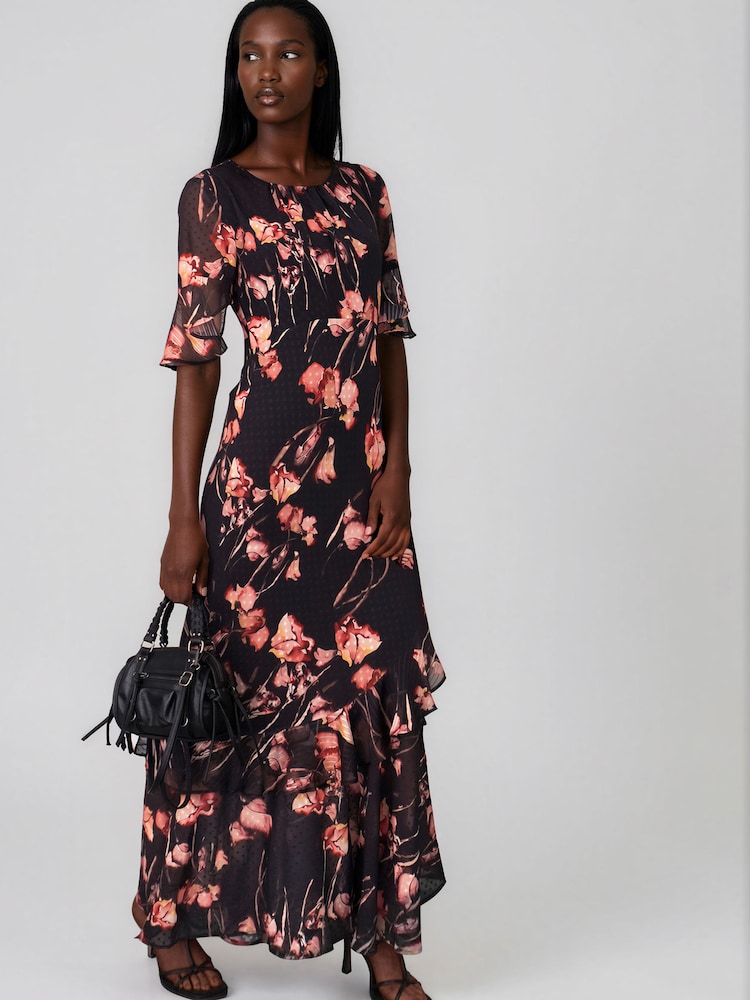 Religion Black Liv column Maxi Occasion Tea Dress with Ruffles in Floral Print - Image 1 of 8 Religion Black Liv column Maxi Occasion Tea Dress with Ruffles in Floral Print - Image 1 of 8