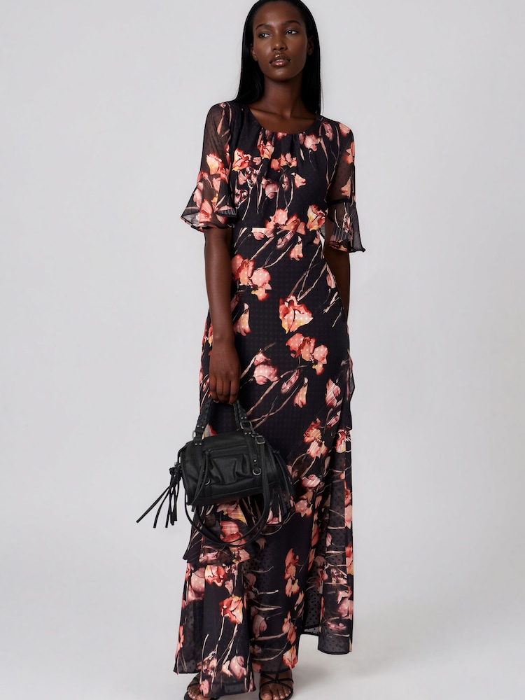 Religion Black Liv column Maxi Occasion Tea Dress with Ruffles in Floral Print - Image 2 of 8 Religion Black Liv column Maxi Occasion Tea Dress with Ruffles in Floral Print - Image 2 of 8