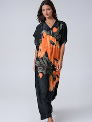 Religion Orange Elina Maxi Kaftan Beach Cover-Up in Large Bold Pink Floral Print with Tie Waist - Image 1 of 7