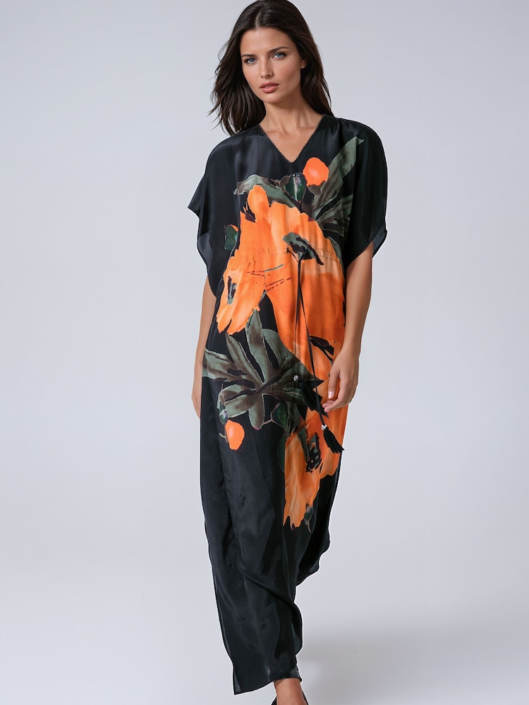 Religion Orange Elina Maxi Kaftan Beach Cover-Up in Large Bold Pink Floral Print with Tie Waist - Image 1 of 7