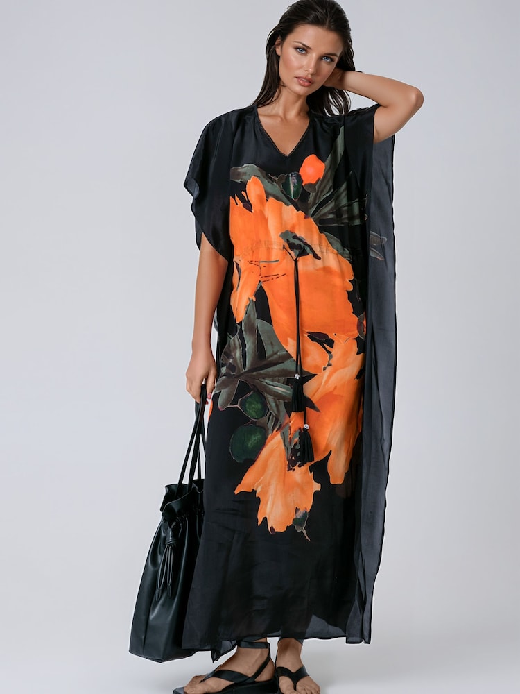 Religion Orange Elina Maxi Kaftan Beach Cover-Up in Large Bold Pink Floral Print with Tie Waist - Image 2 of 7
