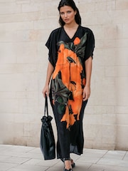 Religion Orange Elina Maxi Kaftan Beach Cover-Up in Large Bold Pink Floral Print with Tie Waist - Image 3 of 7