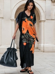 Religion Orange Elina Maxi Kaftan Beach Cover-Up in Large Bold Pink Floral Print with Tie Waist - Image 4 of 7