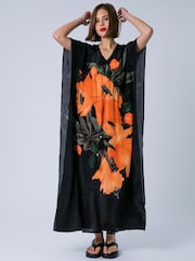 Religion Orange Elina Maxi Kaftan Beach Cover-Up in Large Bold Pink Floral Print with Tie Waist - Image 5 of 7