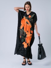 Religion Orange Elina Maxi Kaftan Beach Cover-Up in Large Bold Pink Floral Print with Tie Waist - Image 6 of 7
