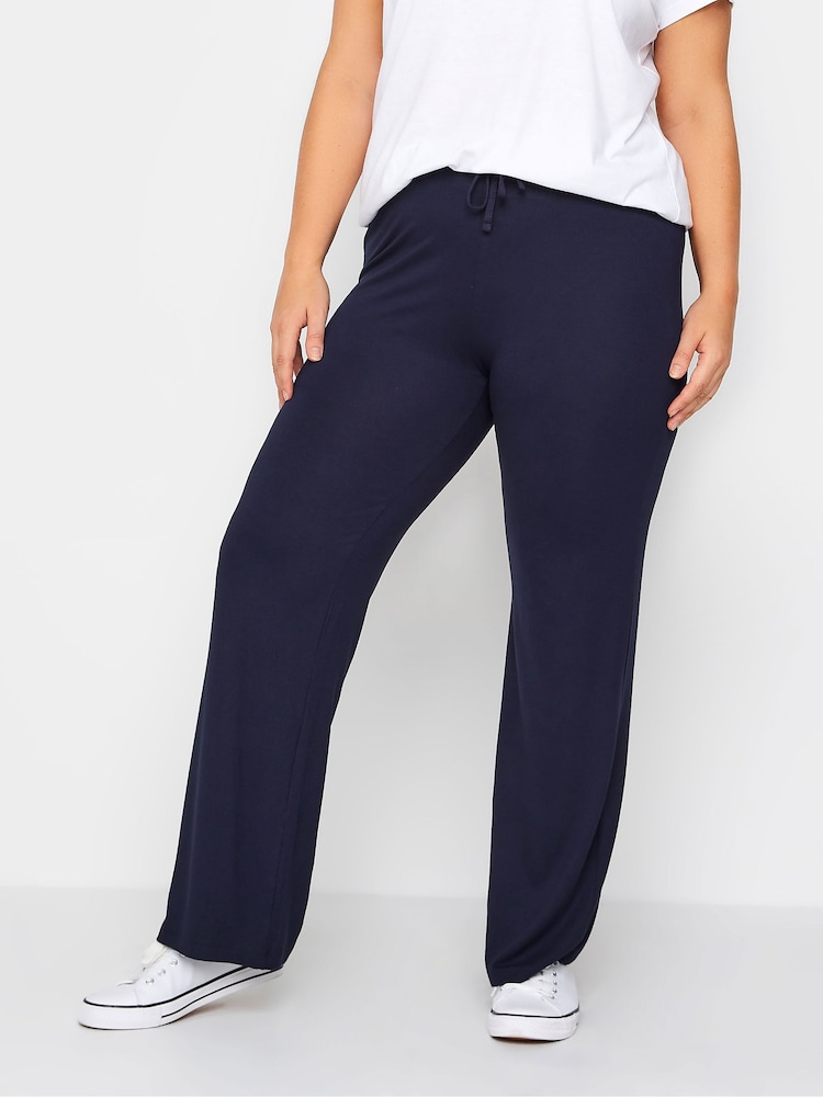 Yours Curve Navy Bestseller Wide Leg Pull On Stretch Jersey Yoga Joggers - Image 1 of 4