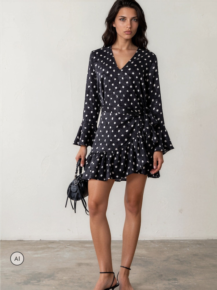mini wrap dress black Womens Religion Monochrome Polka Dot Tara Ruffle US 2 Asos edition