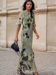 Religion Yellow Liv column Maxi Occasion Tea Dress with Ruffles in Floral Print - Image 1 of 8