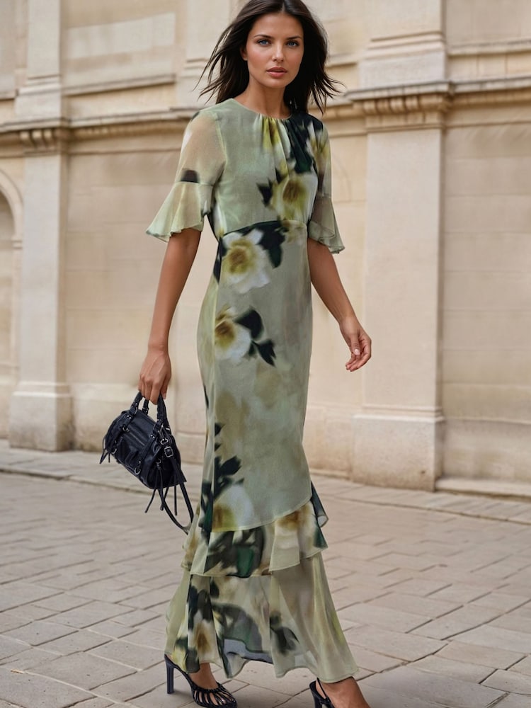 Religion Yellow Liv column Maxi Occasion Tea Dress with Ruffles in Floral Print - Image 1 of 8 Religion Yellow Liv column Maxi Occasion Tea Dress with Ruffles in Floral Print - Image 1 of 8