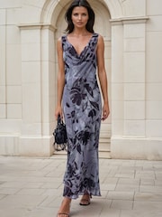 Religion Grey Anne Maxi Occasion Dress With Scoop Neck In Bias Cut Fit In Pretty Floral - Image 1 of 8