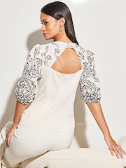 Lipsy Black/White Embroidered 3D Puff Sleeve V Neck Blouse - Image 2 of 4